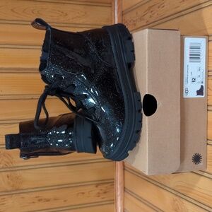 UGG Girls Ashton Lace Up Rainbow Glitter Black Combat Boots US Size 12